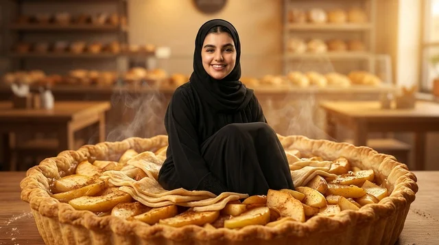 Arab Woman Sitting Inside Giant Apple Pie in Bakery