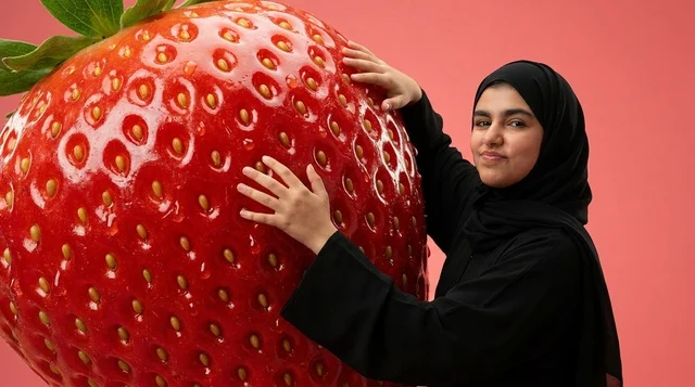 امرأة عربية بالعباءة والحجاب تحتضن فراولة حمراء عملاقة