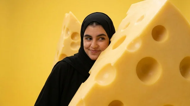 Arab Woman with Cheese Model on Yellow Background