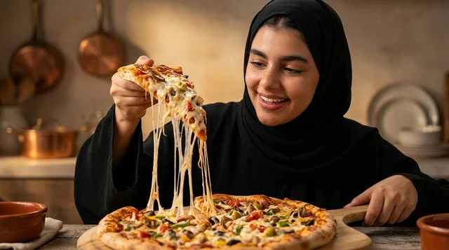 امرأة عربية تتناول بيتزا الجبن الساخنة في المطبخ