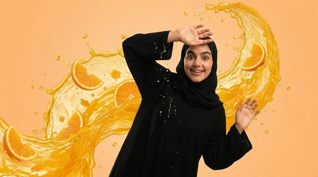 امرأة عربية مع رذاذ عصير البرتقال الطازج