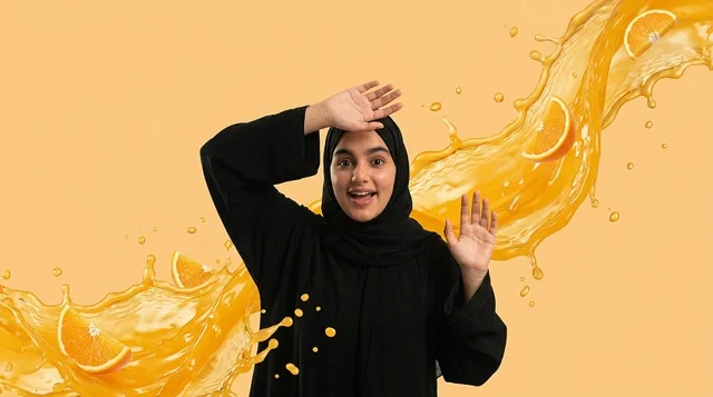 امرأة عربية مع رسم توضيحي لعصير البرتقال المتطاير