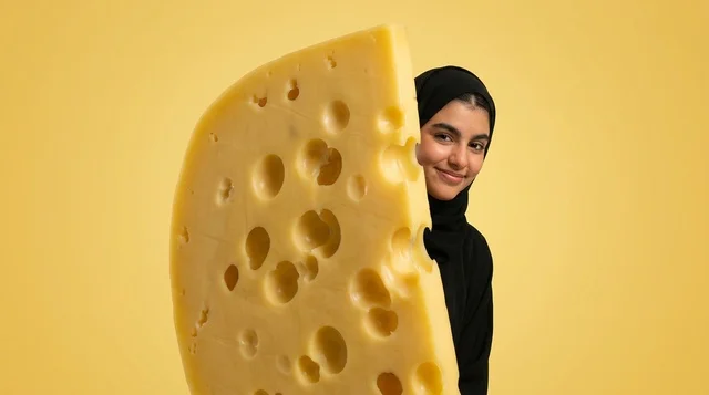 Saudi Woman in Hijab Peeking Behind Giant Swiss Cheese