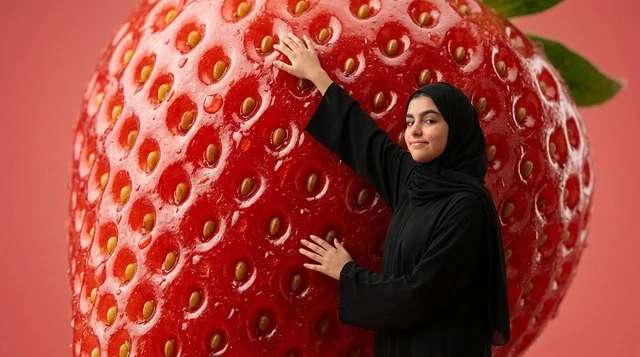 امرأة عربية تقف بجانب ثمرة فراولة عملاقة في الاستوديو