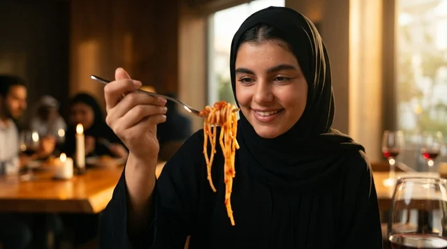 امرأة عربية محجبة تتناول معكرونة السباغيتي في مطعم امرأة عربية محجبة تتناول معكرونة السباغيتي في مطعم