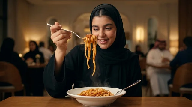 Arab Woman Eating Hot Spaghetti Pasta in Restaurant