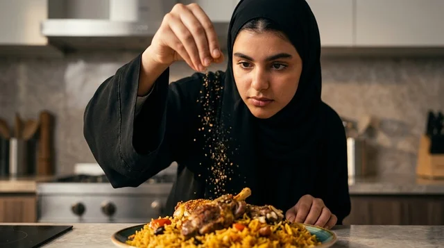 امرأة عربية تضع البهارات على طبق كبسة تقليدي في المطبخ