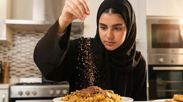 Arab Woman Sprinkling Spices on Traditional Rice in Kitchen