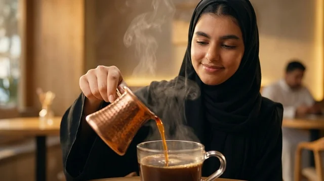 امرأة عربية تسكب القهوة من دلة نحاسية في المقهى
