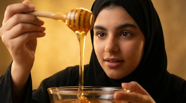 Arab Woman with Wooden Dipper Dripping Organic Honey