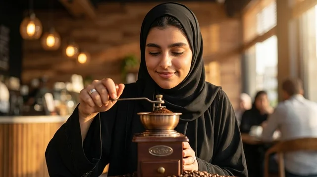 Arab Woman Grinding Coffee Beans in Warm Cafe Interior