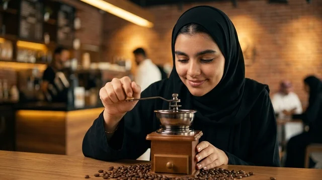 امرأة عربية سعودية تطحن حبوب البن يدويا في مقهى دافئ