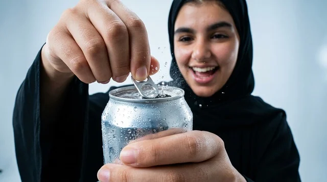 Arab Saudi Woman Opening Cold Beverage Can Close Up