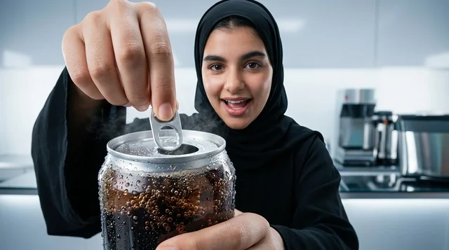 امرأة عربية مبتسمة تفتح علبة مشروب غازي بارد في المطبخ