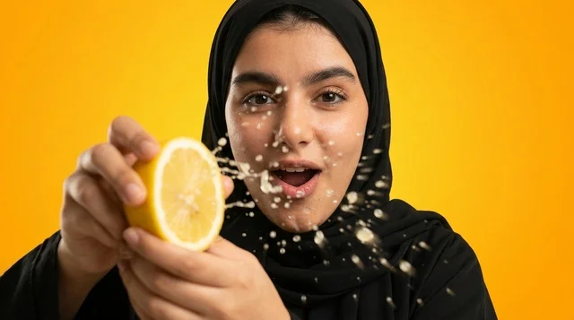امرأة عربية بالحجاب تعصر ليمونة صفراء مع تطاير العصير