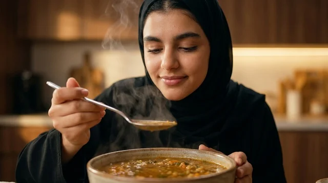 امرأة عربية بالحجاب تتناول حساء ساخن في المطبخ