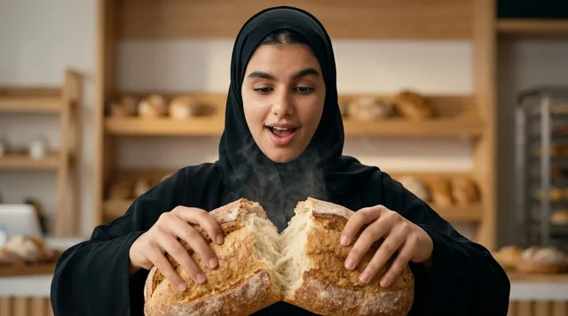 امرأة عربية بالحجاب تقسم رغيف خبز طازج في المخبز