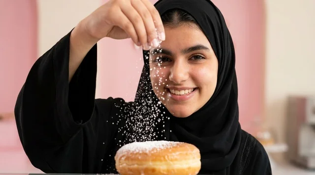 امرأة عربية بالحجاب ترش السكر البودرة على الدونات