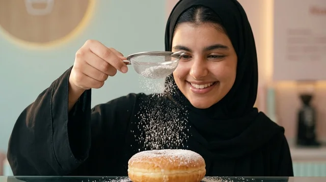 Arab Woman Dusting Powdered Sugar on Donut in Kitchen