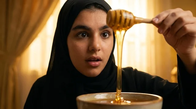 Arab Girl Looking at Dripping Honey with Surprise