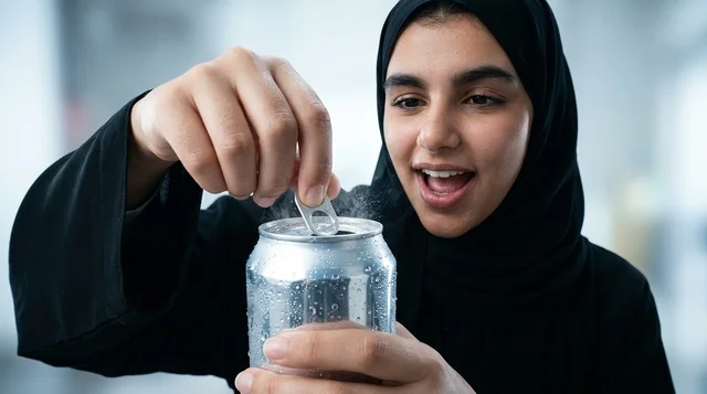 Arab Saudi Woman Opening Cold Beverage Can Close Up