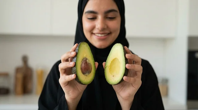 امرأة عربية مبتسمة تمسك بحبة أفوكادو في المطبخ