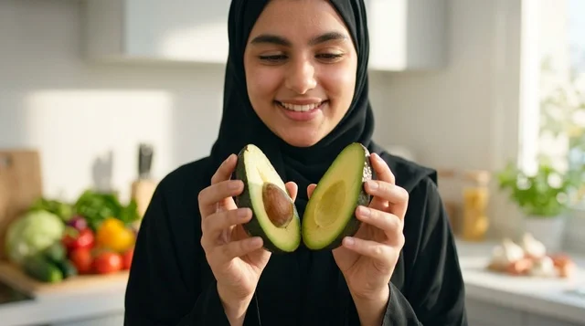 امرأة محجبة تمسك بنصفين من الأفوكادو الطازج في المطبخ