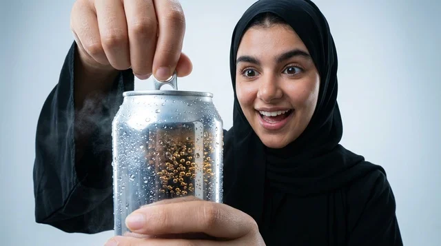 امرأة عربية سعيدة بالحجاب تفتح علبة صودا باردة عن قرب