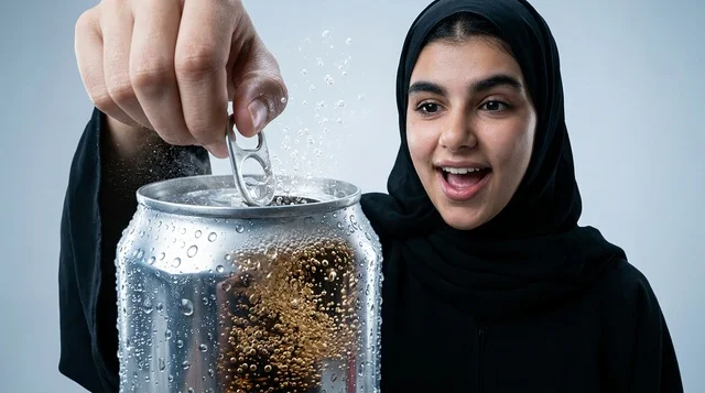 امرأة سعودية تفتح علبة مشروب غازي بارد في الاستوديو