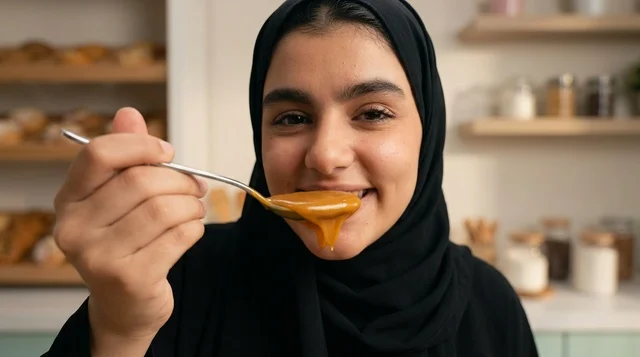 امرأة عربية بالحجاب تتذوق صلصة الكراميل في المطبخ
