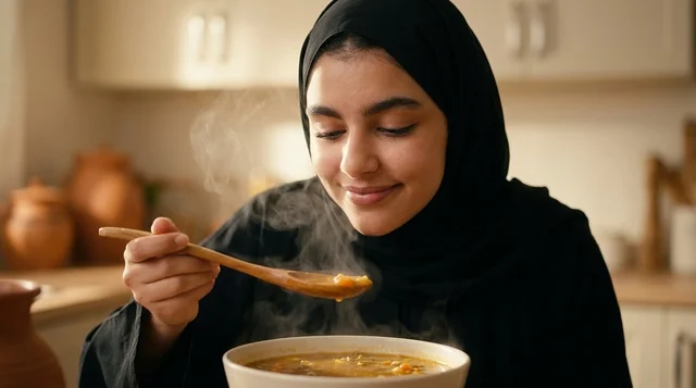 امرأة عربية تتناول الحساء الساخن في المطبخ الدافئ