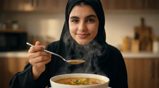 امرأة عربية ترتدي الحجاب تتناول حساء ساخن في المطبخ