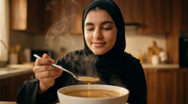 امرأة عربية مسلمة تتناول الحساء الساخن في المطبخ