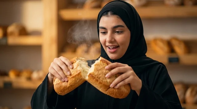 امرأة عربية بالحجاب تقسم رغيف خبز طازج في المخبز