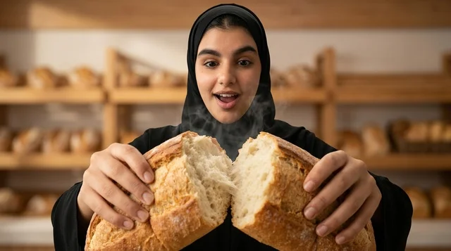 امرأة عربية بالحجاب تقسم رغيف خبز طازج في المخبز