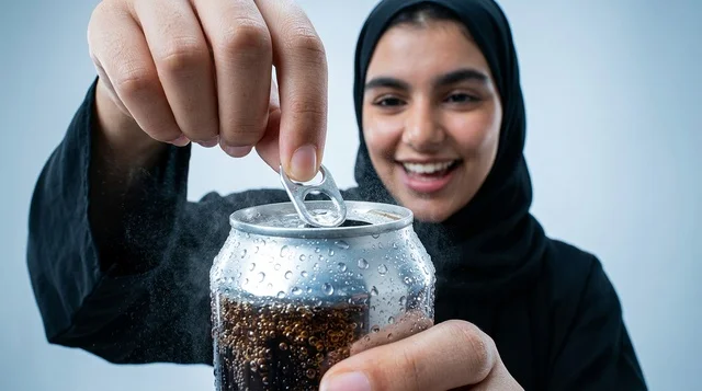 امرأة سعودية محجبة تفتح علبة مشروب غازي بارد عن قرب