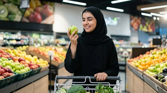 امرأة عربية تتبضع وتختار الفواكه الطازجة في السوبرماركت
