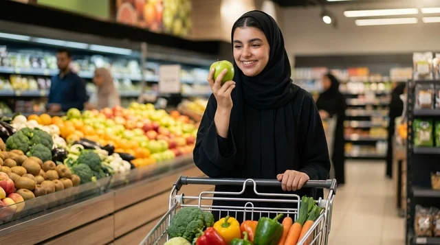 امرأة عربية تتسوق لشراء الخضروات في السوبر ماركت