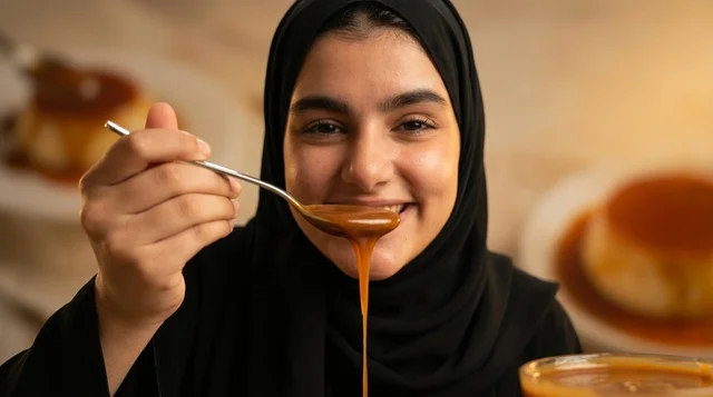 Arab Woman Eating Sweet Creme Caramel Dessert with Spoon Arab Woman Eating Sweet Creme Caramel Dessert with Spoon
