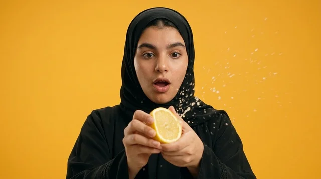 امرأة عربية بالحجاب تعصر ليمونة صفراء مع تطاير العصير