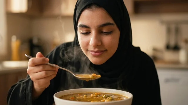 امرأة عربية محجبة تتناول حساء ساخن في مطبخ المنزل