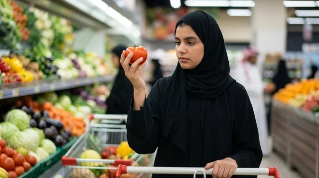 Arab Woman Shopping for Fresh Vegetables in Supermarket