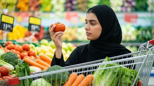 Arab Woman Shopping Fresh Vegetables in Supermarket