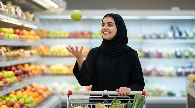 Arab Woman Shopping with Green Apple in Supermarket