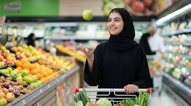 امرأة عربية مبتسمة تتسوق في قسم الخضار بالسوبرماركت
