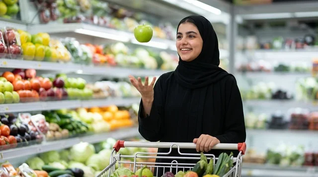 امرأة عربية تتسوق وتختار الفواكه الطازجة في المتجر