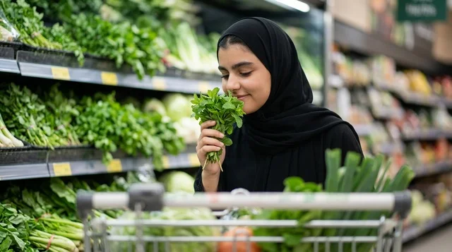امرأة عربية بالحجاب تتسوق الخضار الطازجة في السوبرماركت