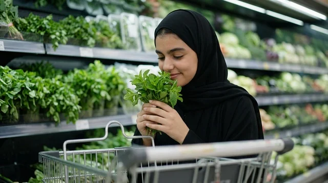 امرأة عربية تتسوق وتختار النعناع الطازج في السوبرماركت امرأة عربية تتسوق وتختار النعناع الطازج في السوبرماركت