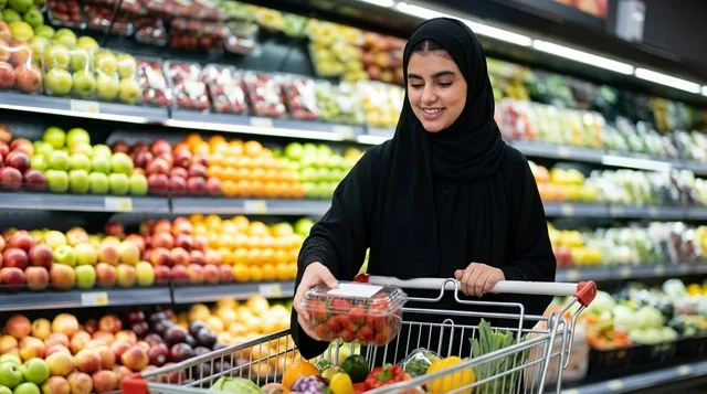 امرأة عربية تتسوق الخضار والفواكه في السوبرماركت