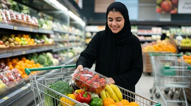 امرأة عربية تتسوق الخضار والفواكه الطازجة في السوبرماركت